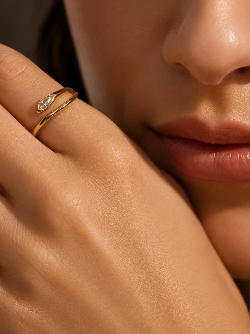 Gold Tone Open Wrap Ring with Marquise Clear Stone - Picture 2 of 6